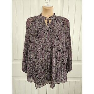 Lauren by Ralph Lauren Paisley Printed Tie Neck Chiffon Blouse Sz 3X Plums Pleat